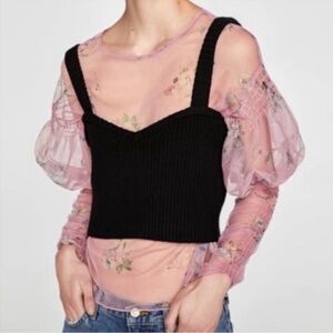Zara Sheer Floral Puff Juliet Long Sleeve Mesh Peasant Blouse Top Pink Women S